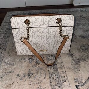 Calvin Klein Monogram Tote in Cream and Tan